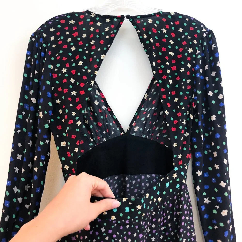 RIXO Cordelia Black Floral Long Sleeve Cut Out Back Designer Mini Dress ALTERED - Picture 9 of 11